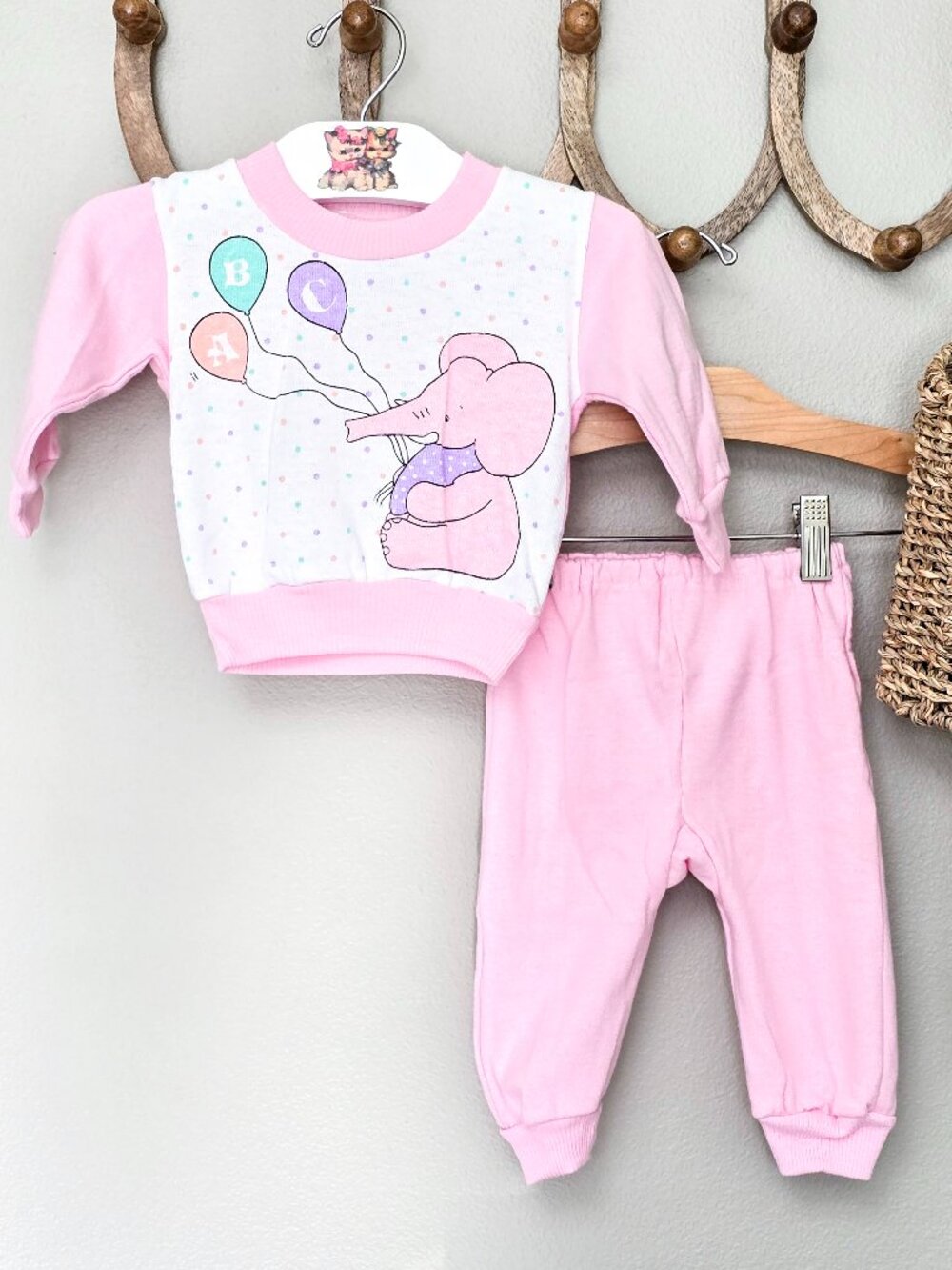 VTG 1980's Bobbies Bunch Baby Outfit 0-6 Months Pink Elephant 2 Pc Set Hong Kong